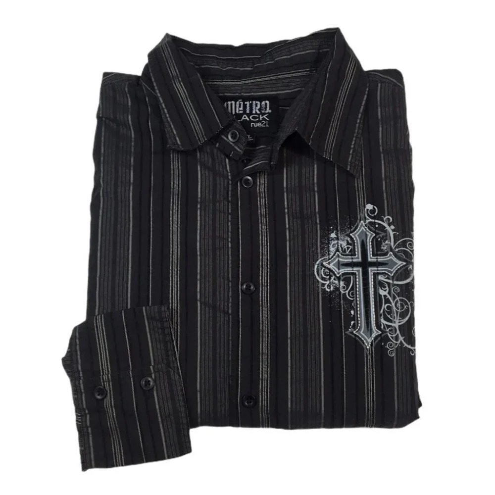 BF641 Rue21 Metro Black Trendy Button Shirt XL